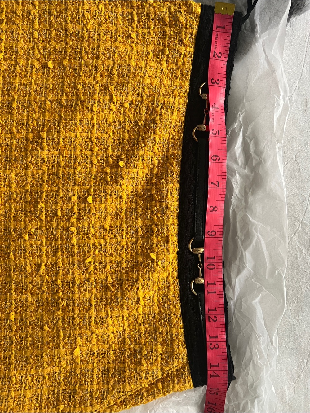 GUCCI Mustard Tweed Mini Skirt with Black Horsebit Waist - Picture 11 of 12